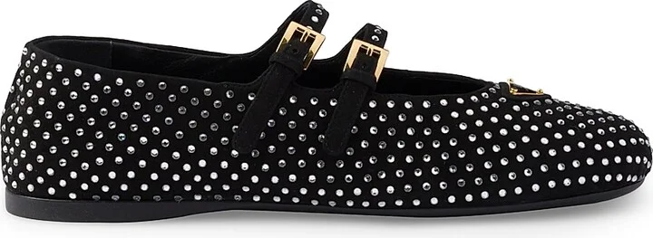 Women's Suede Ballerinas with Crystals - Black - Size 7
