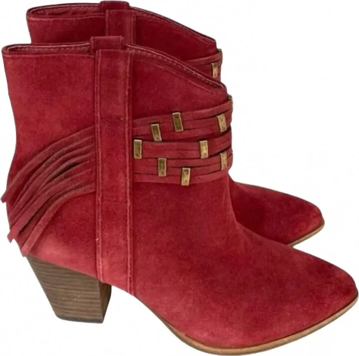 Women's Suede Fringe Stud Bootie In Red