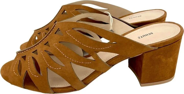 Women's Suede Leather Open Toe Mules Laser Cut Sandals In Brown