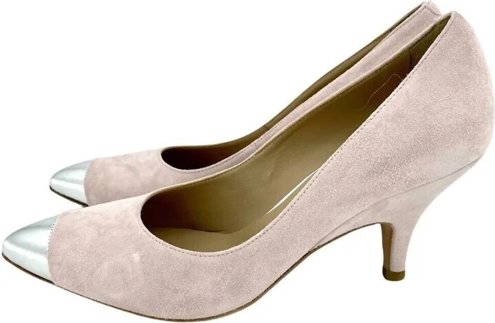 Women's Suede Leather Pumps Silver Cap Toe Heels In Pink