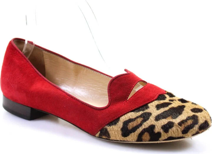 Womens Suede Leopard Print Ponyhair Cutout Flats Red