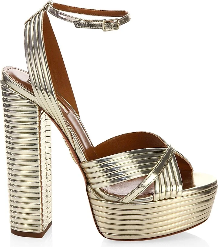 Women's Sundance Ribbed Metallic Leather Platform Sandals - Light Gold - Size 11 - Image 5