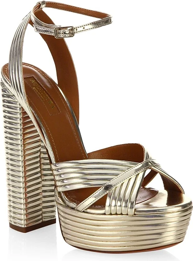 Women's Sundance Ribbed Metallic Leather Platform Sandals - Light Gold - Size 11