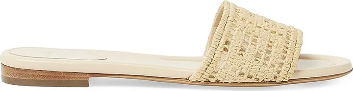Women's Sunshine Logo Leather Flat Slides - Beige - Size 5 Sandals