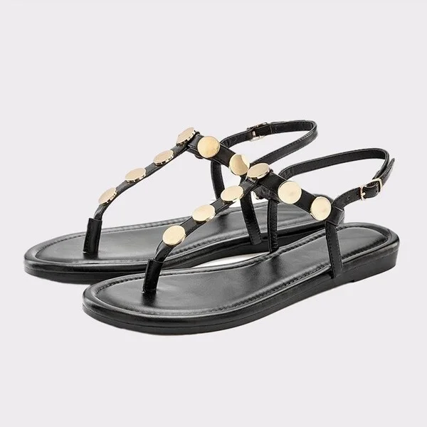 Women's T-Strap Embellished Sandals - LASCANA - Black Solid
