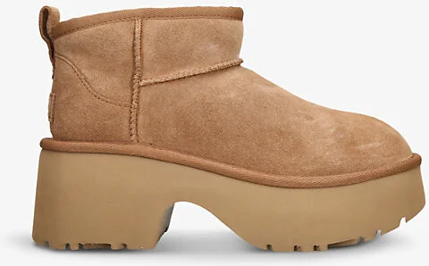 Womens Tan Classic Ultra Mini New Heights Suede and Shearling Heeled Ankle Boots Eur 37 / 4 Uk Women