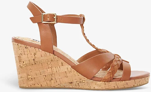 Womens Tan-Leather Koali Plaited Cork-Wedge Leather Heeled Sandals Eur 41 / 8 Uk Women