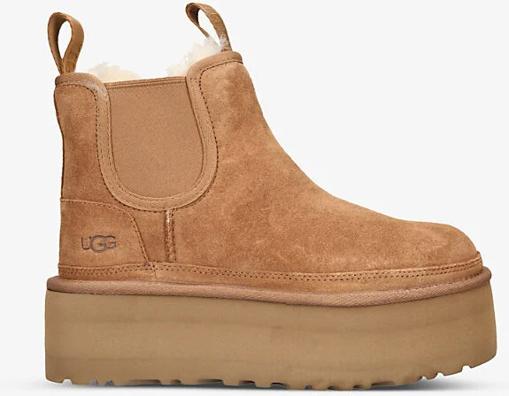 Womens Tan Neumel Platform Chelsea Logo-Patch Suede Ankle Boots Eur 38/5 Uk Women