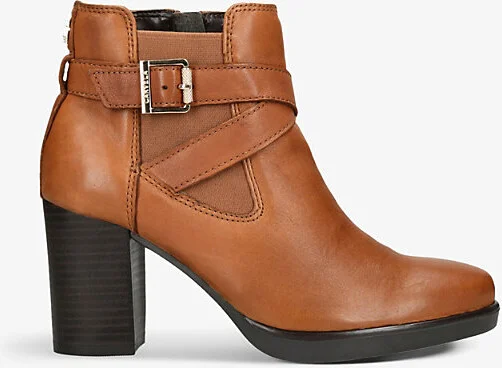 Womens Tan Silver 2 Buckle-Embellished Leather Heeled Ankle Boots Eur 37 / 4 Uk Women