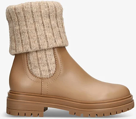 Womens Tan Tenney Ribbed-Knit Leather Ankle Boots Eur 36 / 3 Uk Women