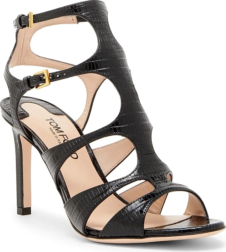 Women's Tejus 85MM Crocodile-Embossed Leather Caged Sandals - Black - Size 6 - Image 2