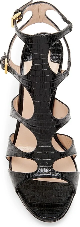 Women's Tejus 85MM Crocodile-Embossed Leather Caged Sandals - Black - Size 6 - Image 4