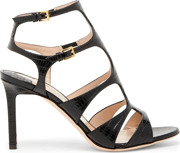 Women's Tejus 85MM Crocodile-Embossed Leather Caged Sandals - Black - Size 6