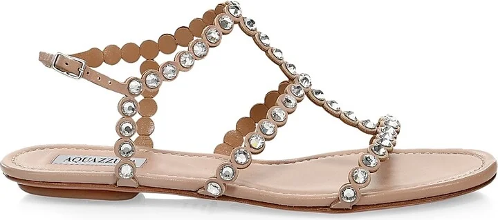 Women's Tequila Crystal-Embellished Leather Flat Sandals - Powder Pink - Size 11.5