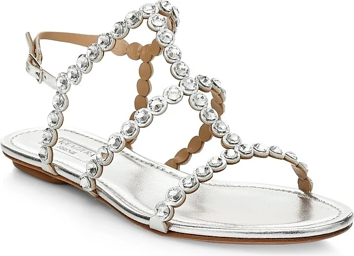 Women's Tequila Crystal-Embellished Metallic Leather Flat Sandals - Silver - Size 11 - Image 2