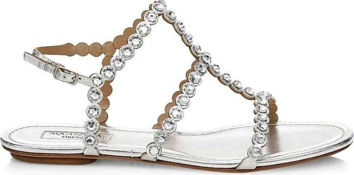 Women's Tequila Crystal-Embellished Metallic Leather Flat Sandals - Silver - Size 11