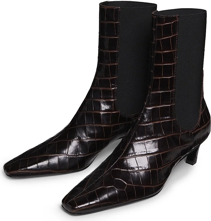Women's The Mid-Heel 50MM Crocodile-Embossed Leather Ankle Boots - Dark Brown Croco - Size 5 - Image 2