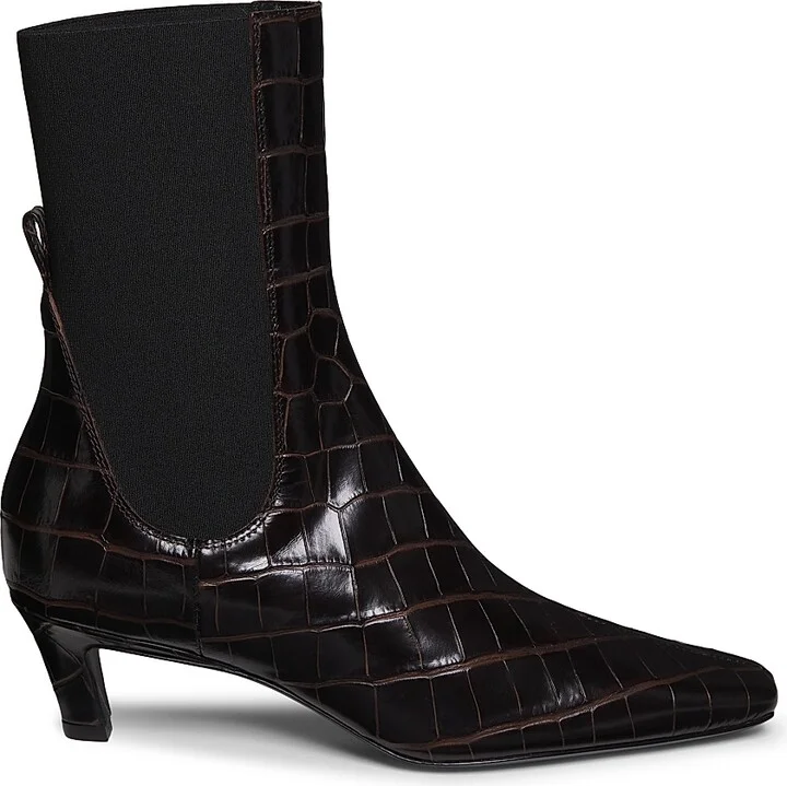 Women's The Mid-Heel 50MM Crocodile-Embossed Leather Ankle Boots - Dark Brown Croco - Size 5
