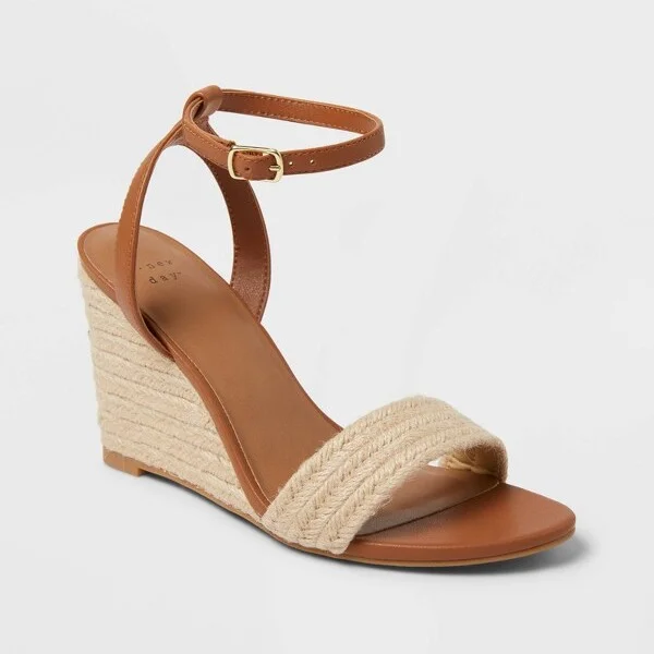 Women's Tish Single Band Ankle Strap Wedge Heels with Memory Foam Insole - A New Day™ Tan : Open Toe, Buckle Closure
