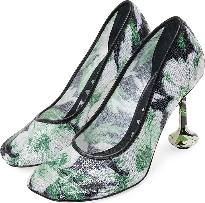 Women's Toy Pump 90MM Sequined Floral Pumps - Black Hibiscus Green - Size 5 - Image 2