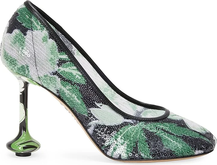 Women's Toy Pump 90MM Sequined Floral Pumps - Black Hibiscus Green - Size 5