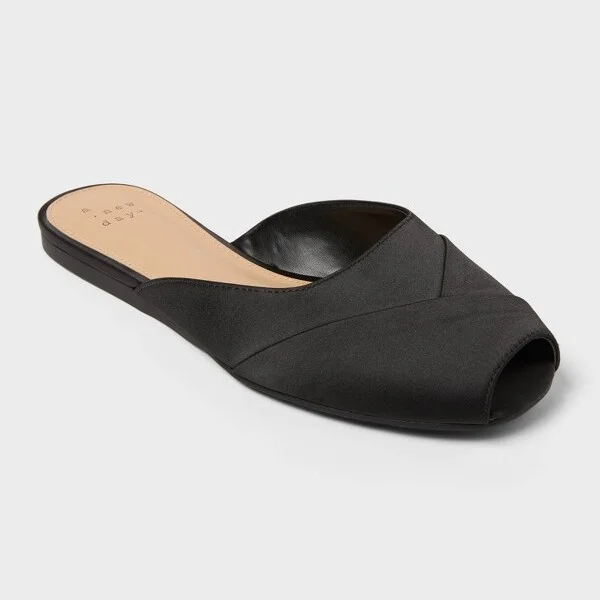 Women's Trina Satin Peep Toe Mule Flats - A New Day™ Black : Slip-On, Cushioned Insole, Textured Outsole