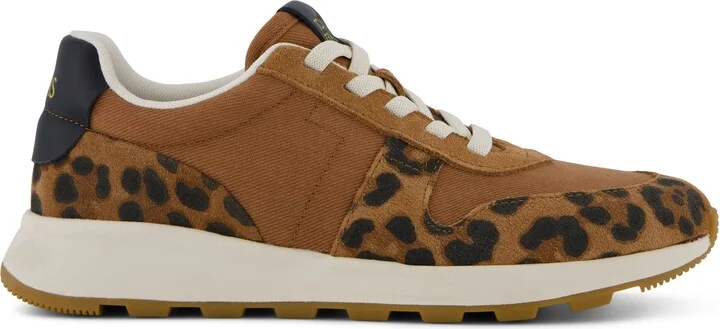 Womens TRVL LITE Retro Runner Sneaker Water Repellent Brown Sugar Leopard Print Suede