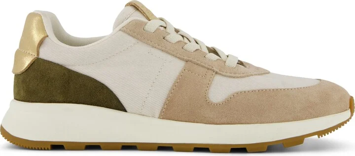 Womens TRVL LITE Retro Runner Sneaker Water Repellent Oatmeal Suede with Metallic Leather