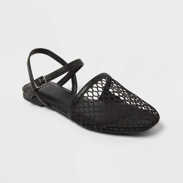 Women's Vanna Fishnet Slingback Flats with Memory Foam Insole - A New Day™ Black : Mesh Almond Toe, Buckle Closure