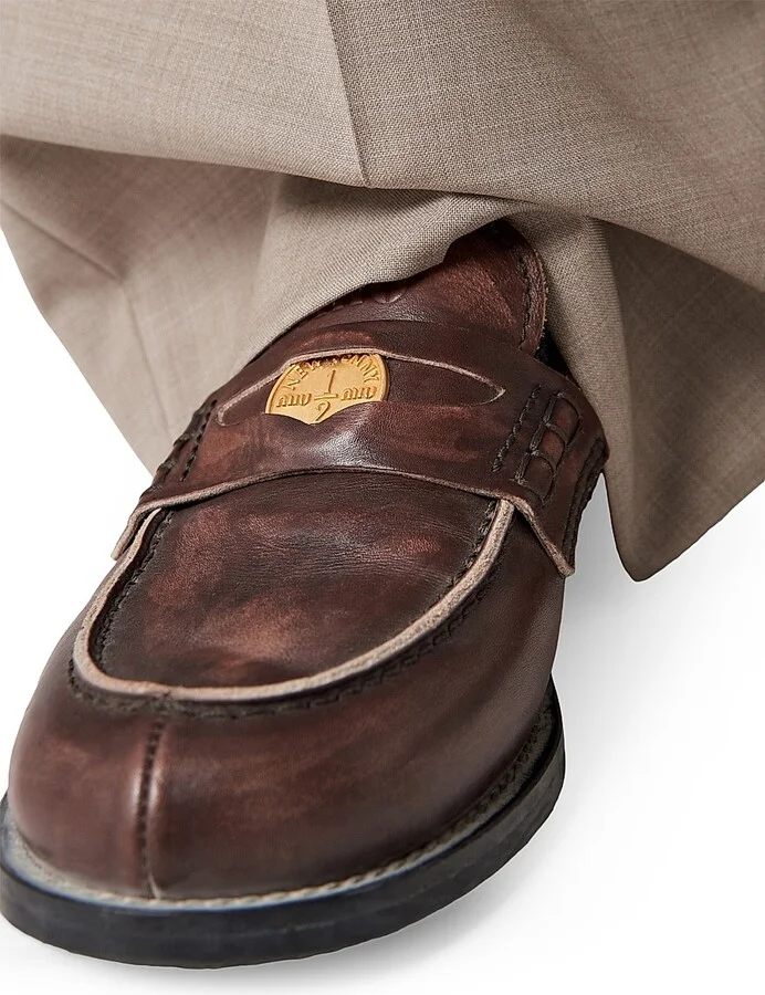 Women's Vintage-Effect Leather Penny Loafers - Brown - Size 5 - Image 3