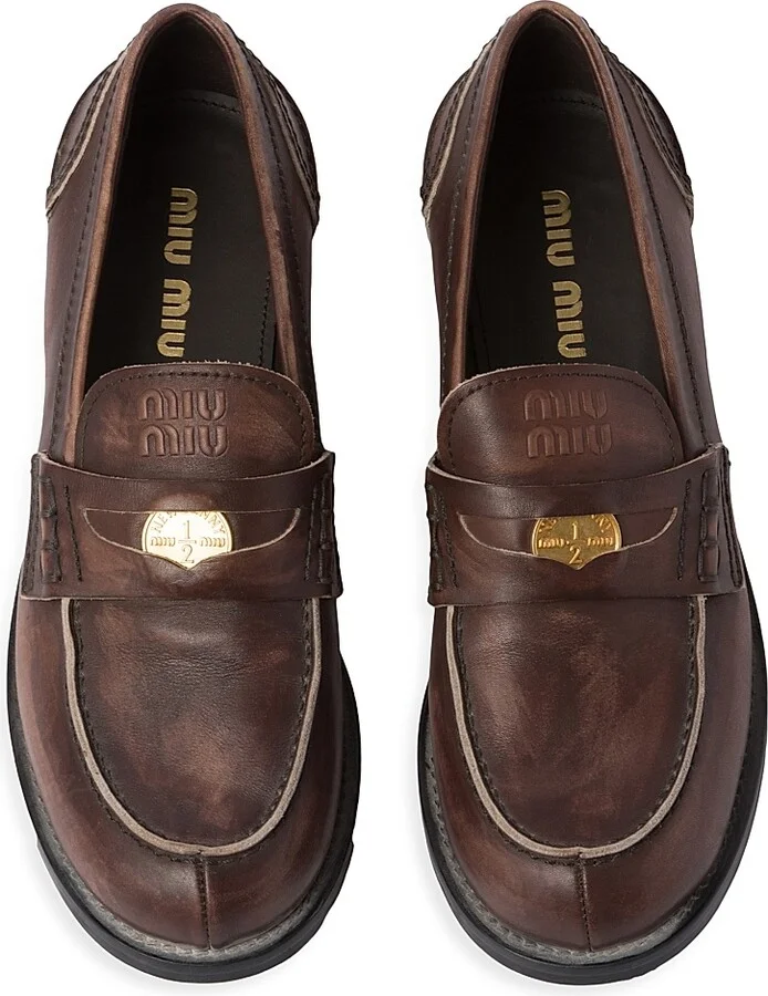 Women's Vintage-Effect Leather Penny Loafers - Brown - Size 5 - Image 5