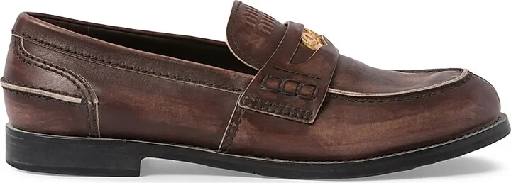 Women's Vintage-Effect Leather Penny Loafers - Brown - Size 5