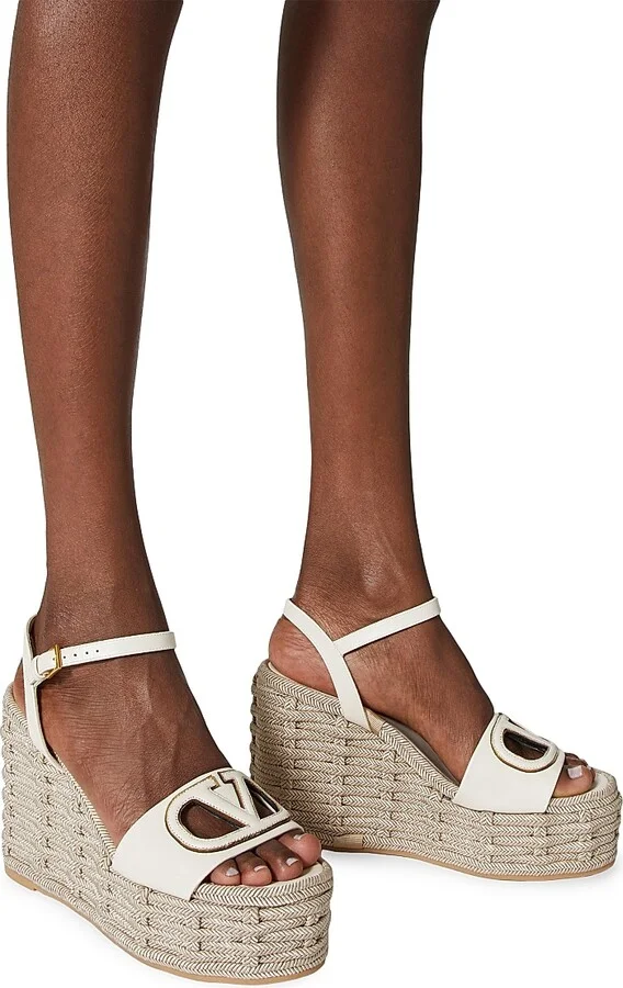 Women's VLogo Calfskin Cut-Out Wedge Sandals 110 MM - Ivory - Size 7 - Image 6