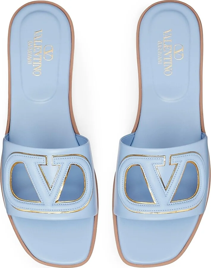 Women's VLogo Cut-Out Calfskin Slide Sandals - Azure Antique Brass - Size 7 - Image 4