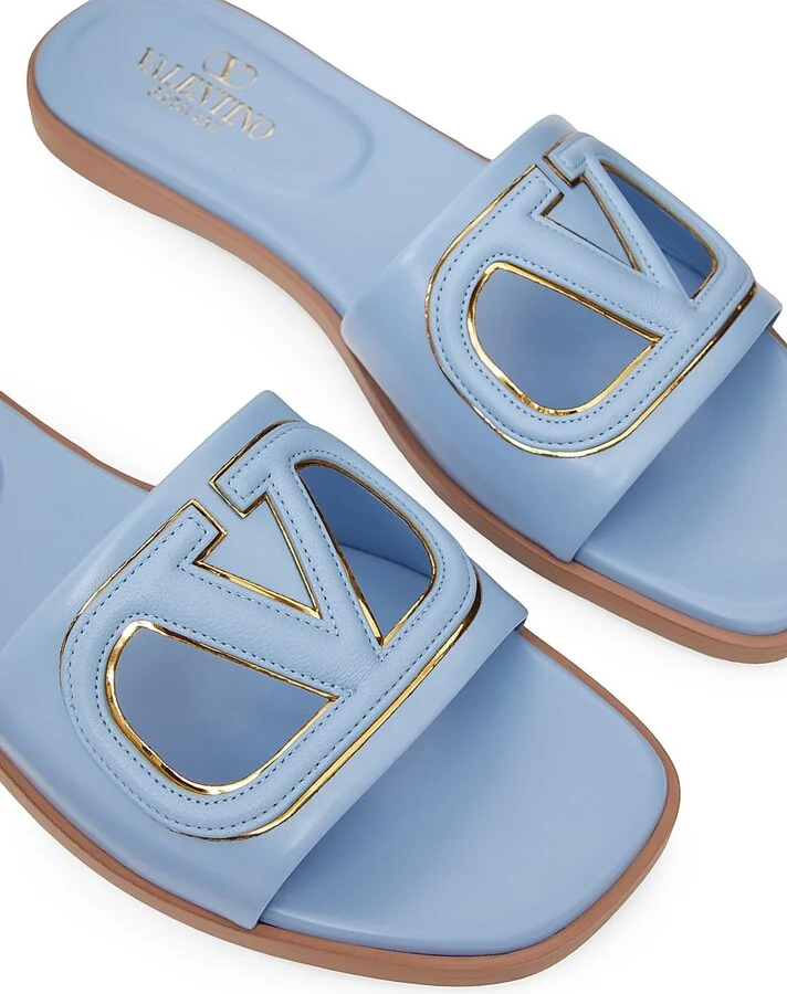 Women's VLogo Cut-Out Calfskin Slide Sandals - Azure Antique Brass - Size 7 - Image 5