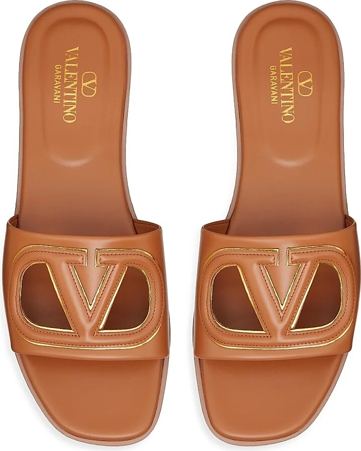 Women's VLogo Cut-Out Calfskin Slide Sandals - Azure Antique Brass - Size 7 - Image 9