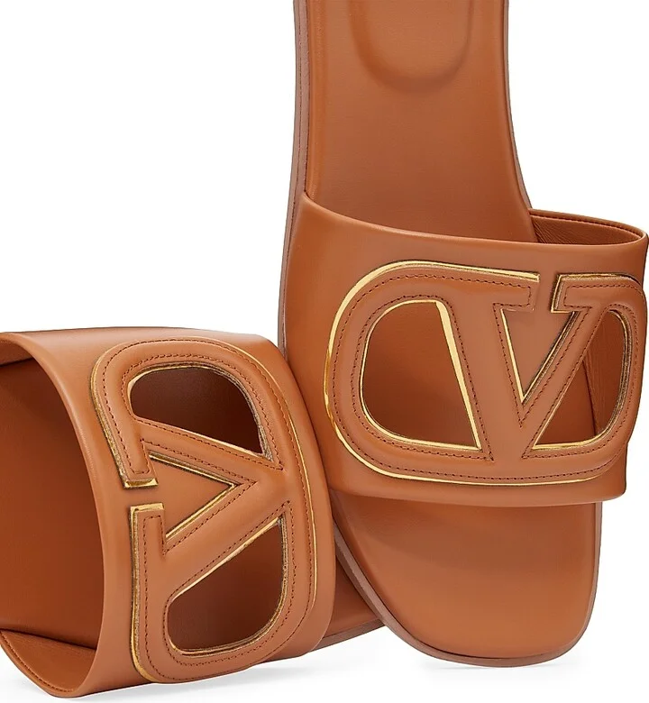 Women's VLogo Cut-Out Calfskin Slide Sandals - Azure Antique Brass - Size 7 - Image 10
