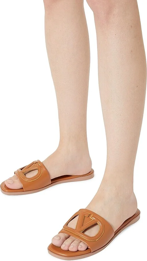 Women's VLogo Cut-Out Calfskin Slide Sandals - Azure Antique Brass - Size 7 - Image 11
