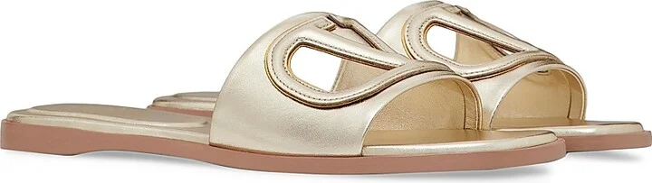 Women's VLogo Cut-Out Laminated Nappa Leather Slide Sandals - Platinum Antique Brass - Size 6 - Image 2