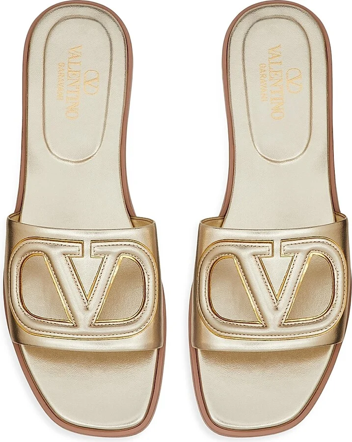 Women's VLogo Cut-Out Laminated Nappa Leather Slide Sandals - Platinum Antique Brass - Size 6 - Image 4