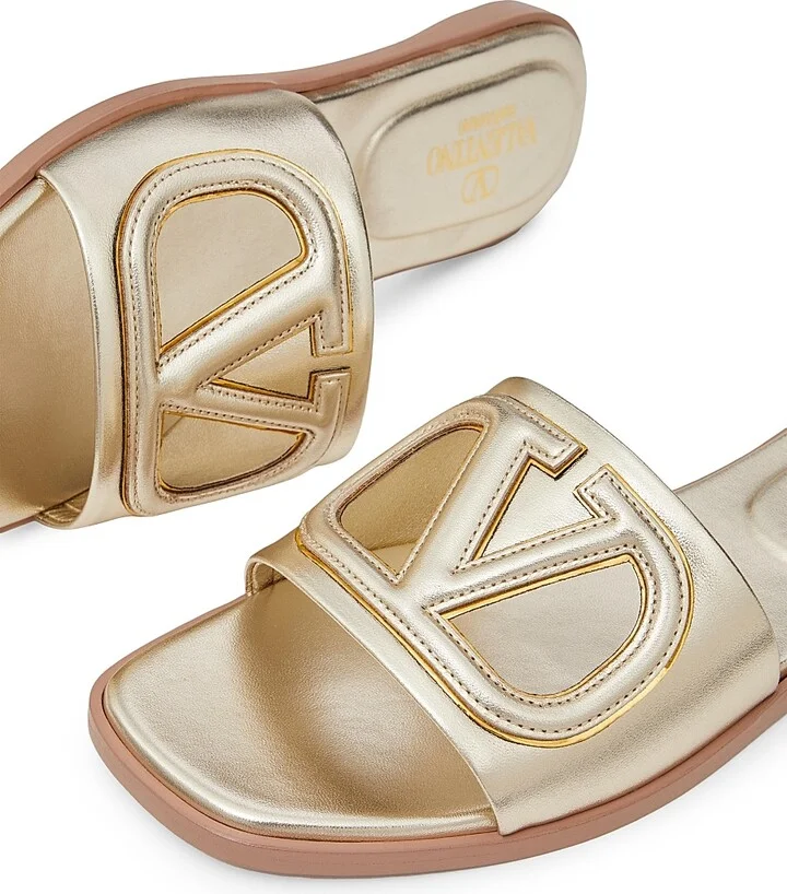 Women's VLogo Cut-Out Laminated Nappa Leather Slide Sandals - Platinum Antique Brass - Size 6 - Image 5