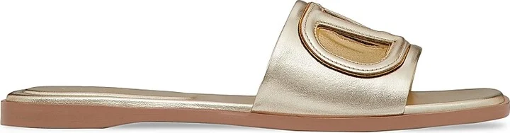 Women's VLogo Cut-Out Laminated Nappa Leather Slide Sandals - Platinum Antique Brass - Size 6