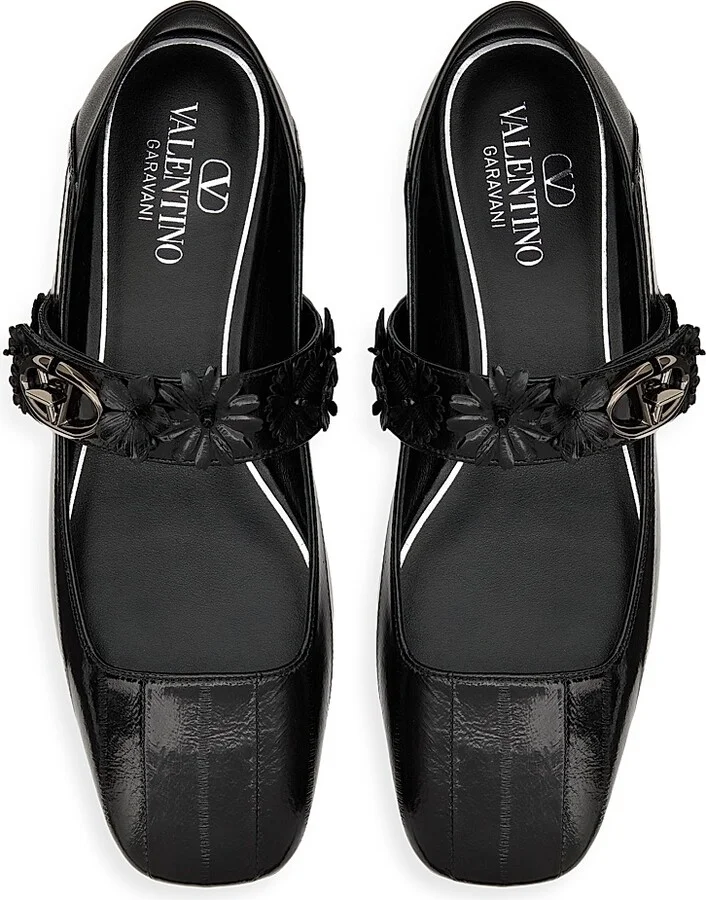 Women's VLogo Locker Mary Jane Ballerina in Eel with Flower Application - Black - Size 7 - Image 4