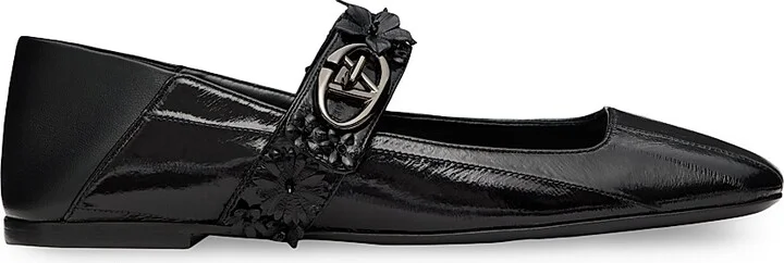 Women's VLogo Locker Mary Jane Ballerina in Eel with Flower Application - Black - Size 7