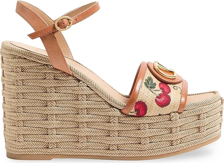 Women's VLogo Signature Cherryfic Pattern Wedge Sandals 120MM - Natural Red Multicolor - Size 7