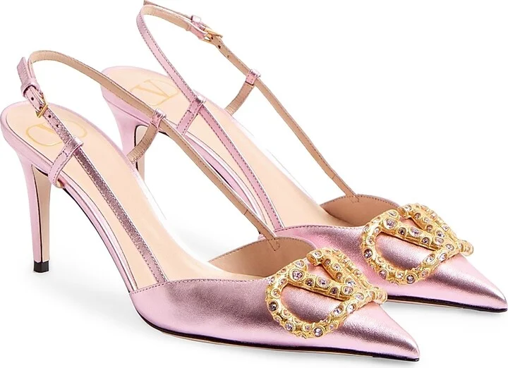 Women's VLogo Signature Laminated Nappa Leather 80MM Slingback Pumps - Pink Multicolor - Size 7 - Image 2