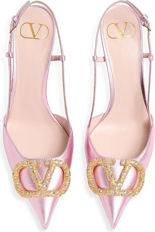 Women's VLogo Signature Laminated Nappa Leather 80MM Slingback Pumps - Pink Multicolor - Size 7 - Image 3