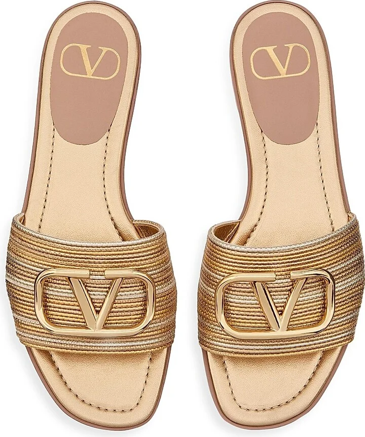 Women's VLogo Signature Metallic Leather Slide Sandals - Gold - Size 7.5 - Image 3
