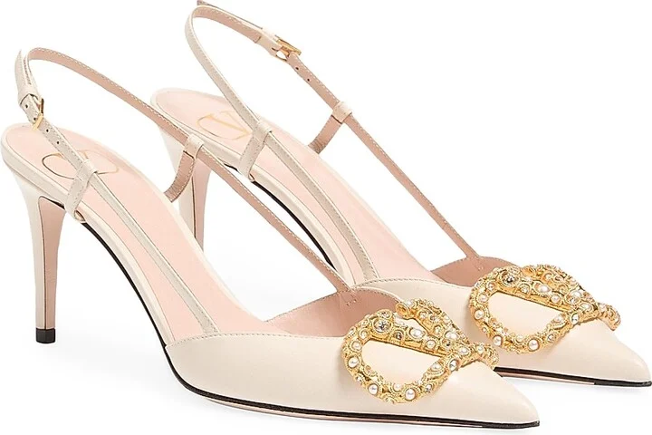 Women's VLogo Signature Slingback Calfskin 80MM Pumps - Ivory - Size 7 - Image 2