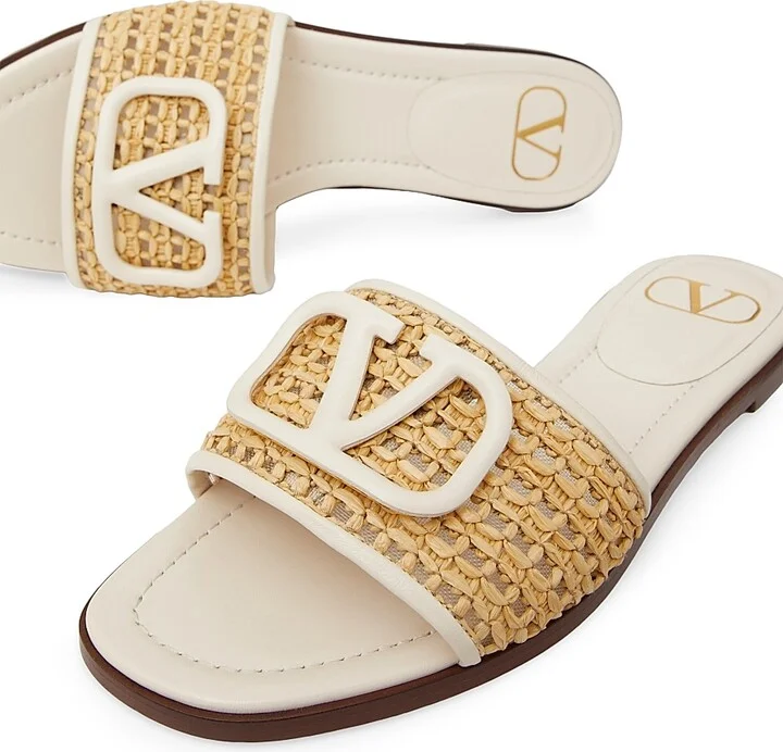 Women's VLogo Signature Woven Raffia Slide Sandals 80MM - Natural Ivory - Size 7 - Image 5